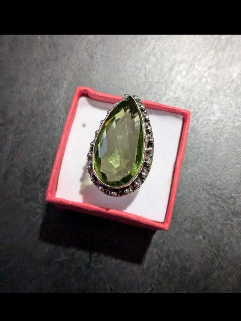 Handcrafted Green Amethyst Oversized Faceted Teardrop Ring  (7)